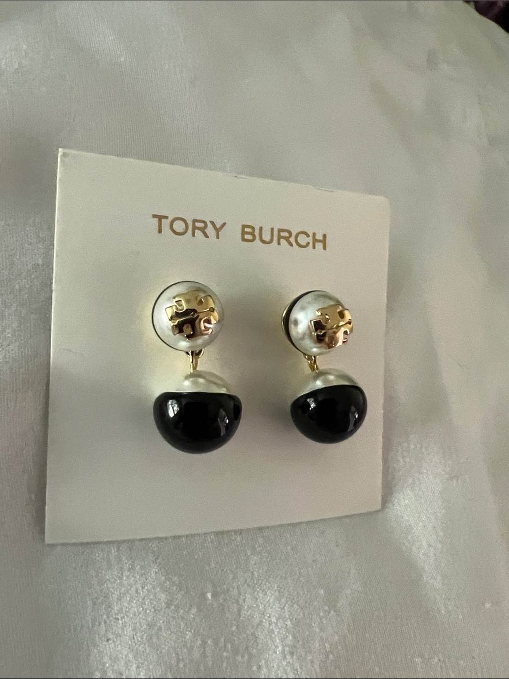 Tory Burch Gold, Black and Pearl Double Drop Earrings